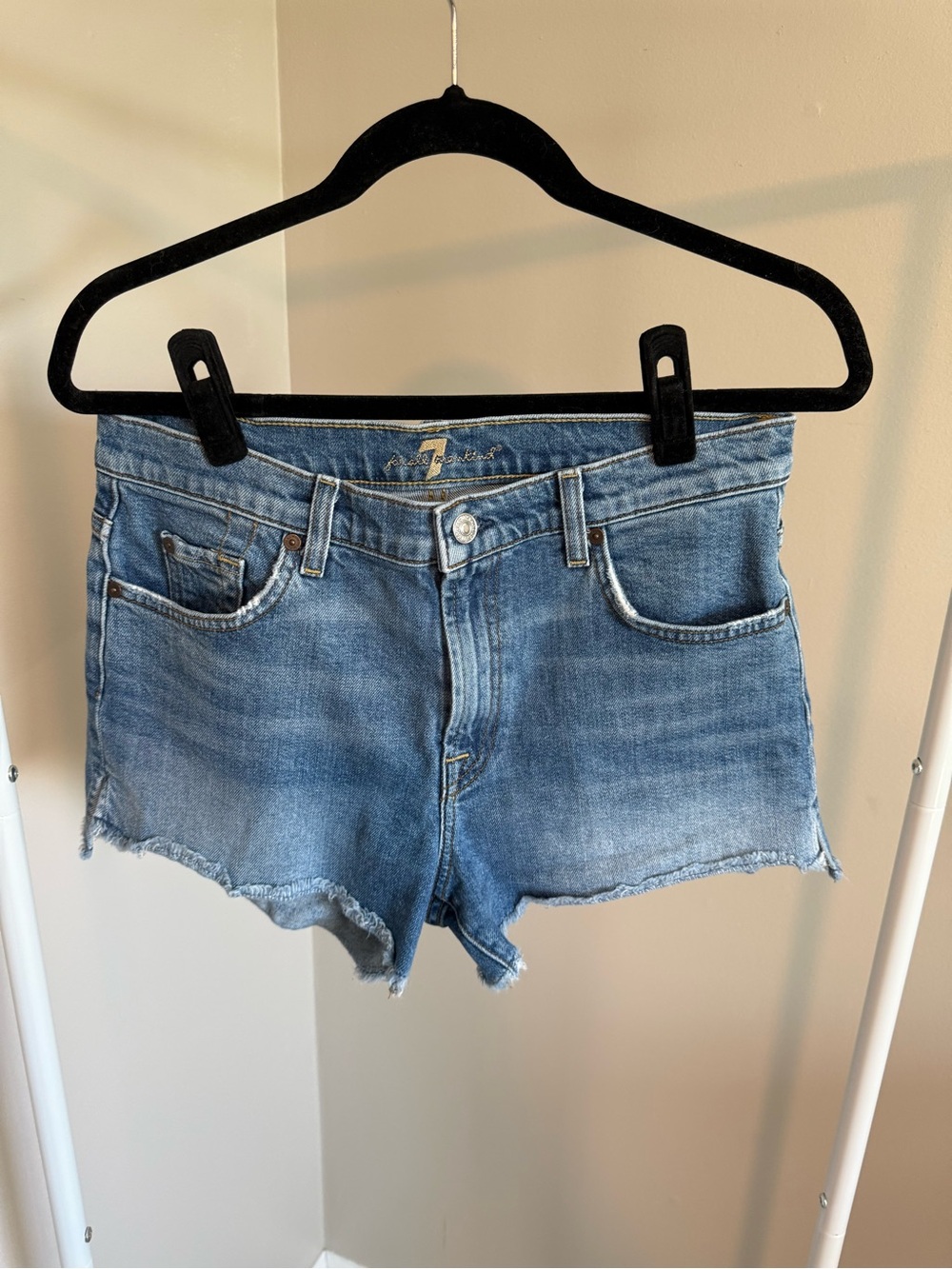 7 For All Mankind Light Blue Denim Frayed Hem Shorts